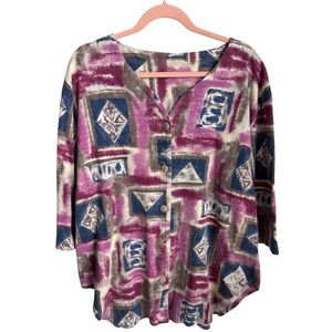 Basic Editions 90’s Vintage Multicolor Geometric Button uUp Tee Size 22W